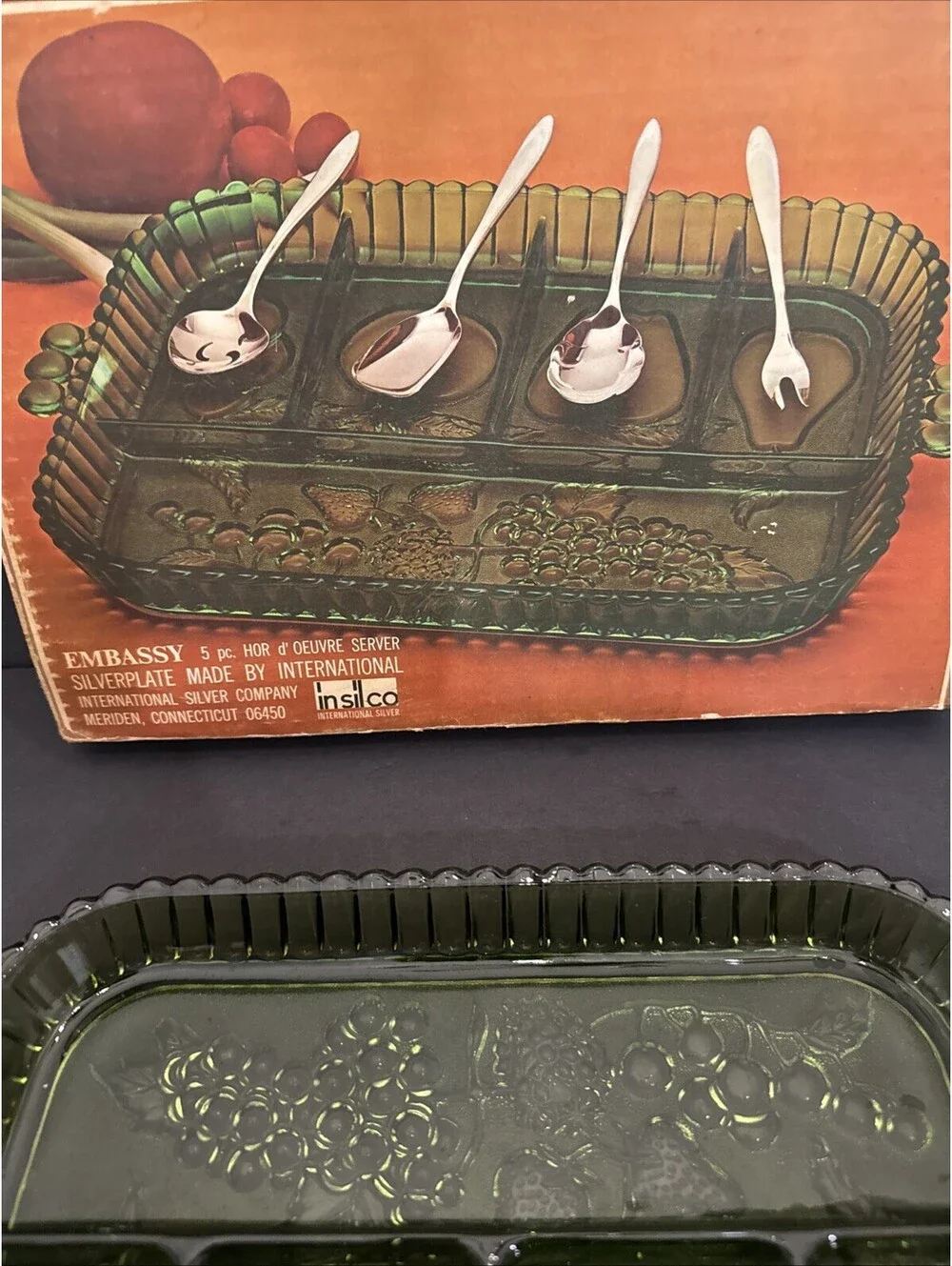 Vintage Indiana Glass Olive Green 5-Part Relish Tray In Original Box 12.5” X 9”